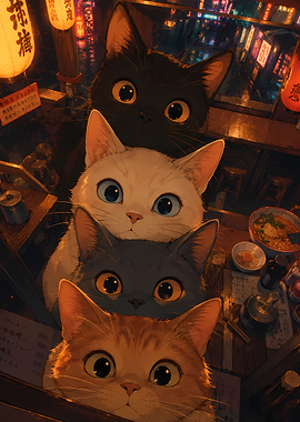 Cute Cats in a Japanese Ramen Shop