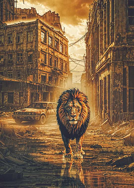 Lion in a post-apocalyptic city