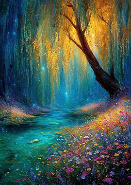 Enchanted Forest Stream with Weeping Willow