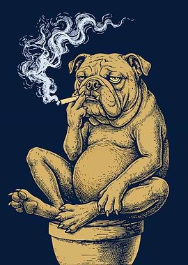 Smoking Bulldog Bathroom Poster — Funny Retro Dog Bathroom Wall Art