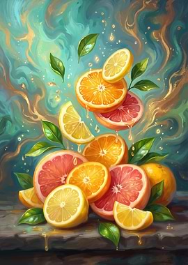 Citrus Fruit Slices and Leaves