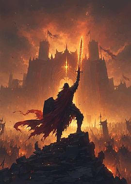 Knight with glowing sword before castle