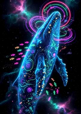 Cosmic Whale with Neon Fish