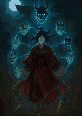 Mysterious Figure with Floating Masks