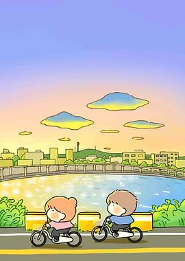 Couple Cycling by the River at Sunset
