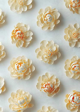 Cream Peony Flowers on White Background