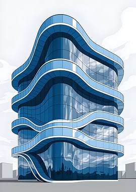 Curved Glass Skyscraper — Blue Wavy Architecture Illustration
