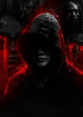Mysterious Hooded Figure with Red Accents