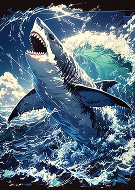 Shark breaching ocean waves