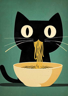 Black Cat Eating Noodles