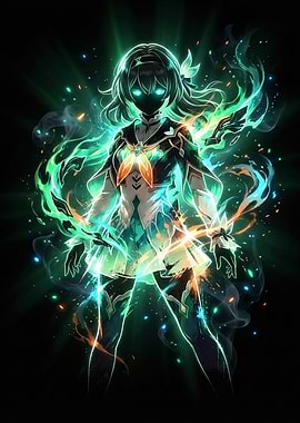 Anime Girl with Green Energy Aura