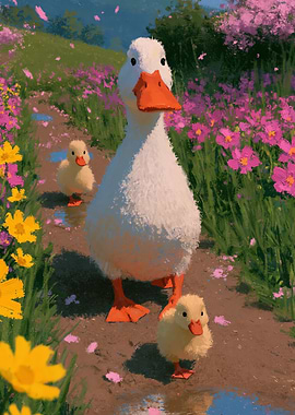Ducks in a Flower Field