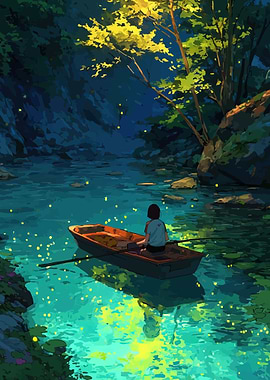 Girl in a boat with fireflies