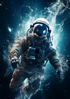 Astronaut Diving Poster — Deep Space Digital Art, Cosmic Spacewalk Print