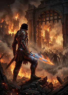 Knight facing burning city and horde