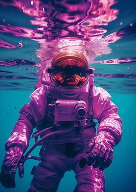 Pink Astronaut Poster — Neon Underwater Space Art, Vaporwave Sci-Fi Wall Print