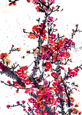 Vibrant Plum Blossoms in Traditional Ink Painting