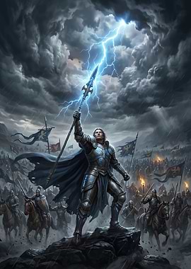 Knight summoning lightning on battlefield