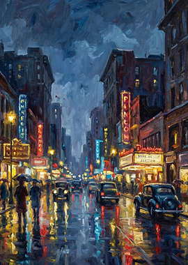 Rainy City Street at Night