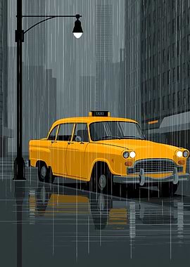 Yellow Taxi in Rainy City