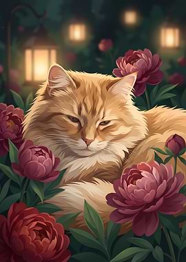 Orange Cat Resting in Peony Garden