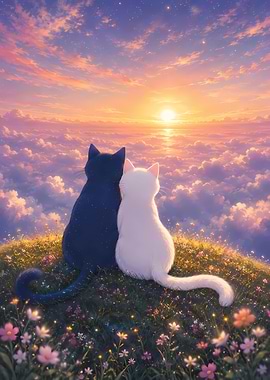 Two Cats Watching a Sunset