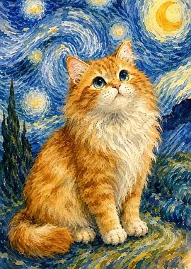 Cat in Starry Night Style