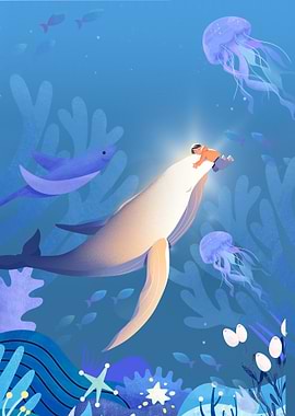 Child rides a whale underwater