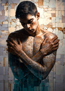 Cracked Mosaic Portrait Man Embracing