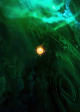 Space probe in green nebula