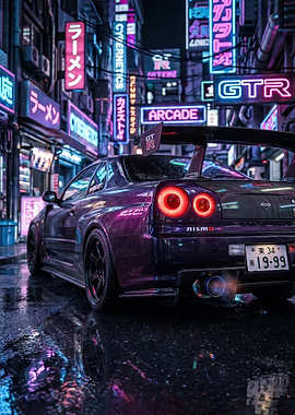 sleek Cyberpunk Nissan GT-R in Neon City