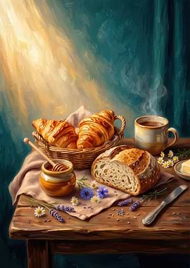 Artistic Breakfast Scene with Croissants and Bread