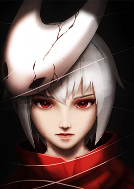 Anime Girl with White Mask and Red Eyes