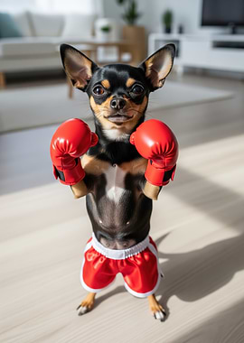 Chihuahua boxer dog in red shorts and gloves
