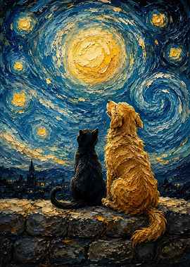 Cat and Dog Under Starry Night Sky
