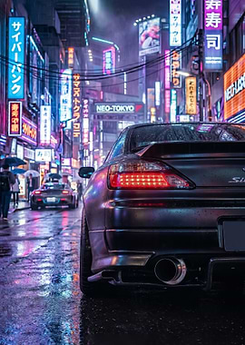 sleek Cyberpunk nissan silvia s15 Neo-Tokyo Street Scene