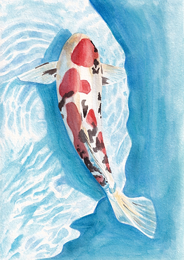 Koi Fish Watercolor Poster — Japanese Carp Wall Art, Zen Blue Water Print