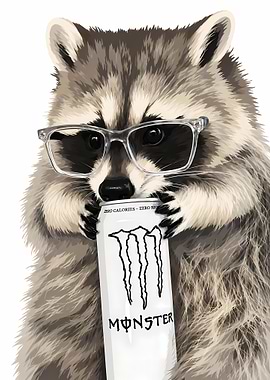 Raccoon with Glasses and Monster Energy Drink