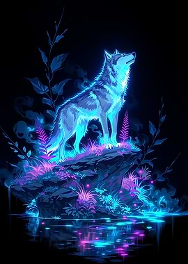 Neon Spirit Wolf in a Mystical Fantasy Glowing forest