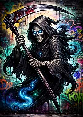 Grim Reaper with Scythe on Graffiti Wall