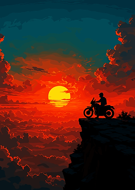 Motorcyclist on Cliff at Sunset