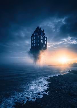 Floating House Over Ocean at Sunset