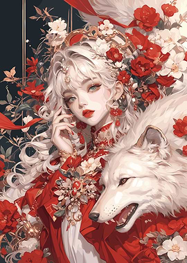 Woman with White Wolf and Flowers