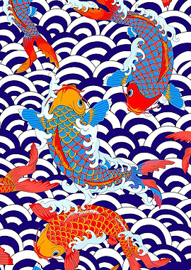 Koi Fish and Waves Pattern