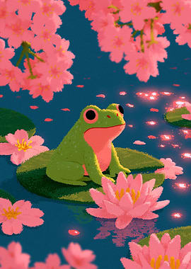 Frog on Lily Pad with Cherry Blossoms