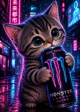 Cute Kitten with Monster Energy Drink
