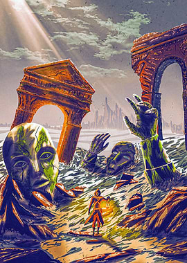 Ruined Cityscape with Giant Masks and Explorer
