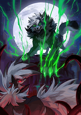 Two wolves battling under the moon