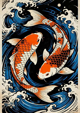 Two Koi Fish in Blue Waves