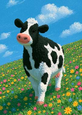 Happy Cow in a Flower Field